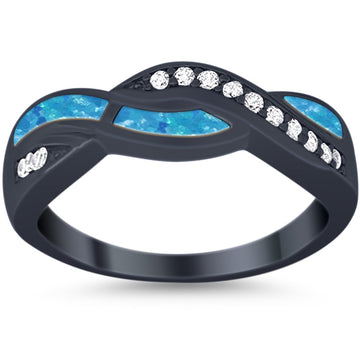 Half Eternity Weave Knot Ring Crisscross Black Tone, Lab Created Blue Opal 925 Sterling Silver